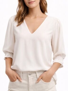 Ann Taylor White V-Neck Blouse Women Size L Puff Sleeve Elegant Classic Top